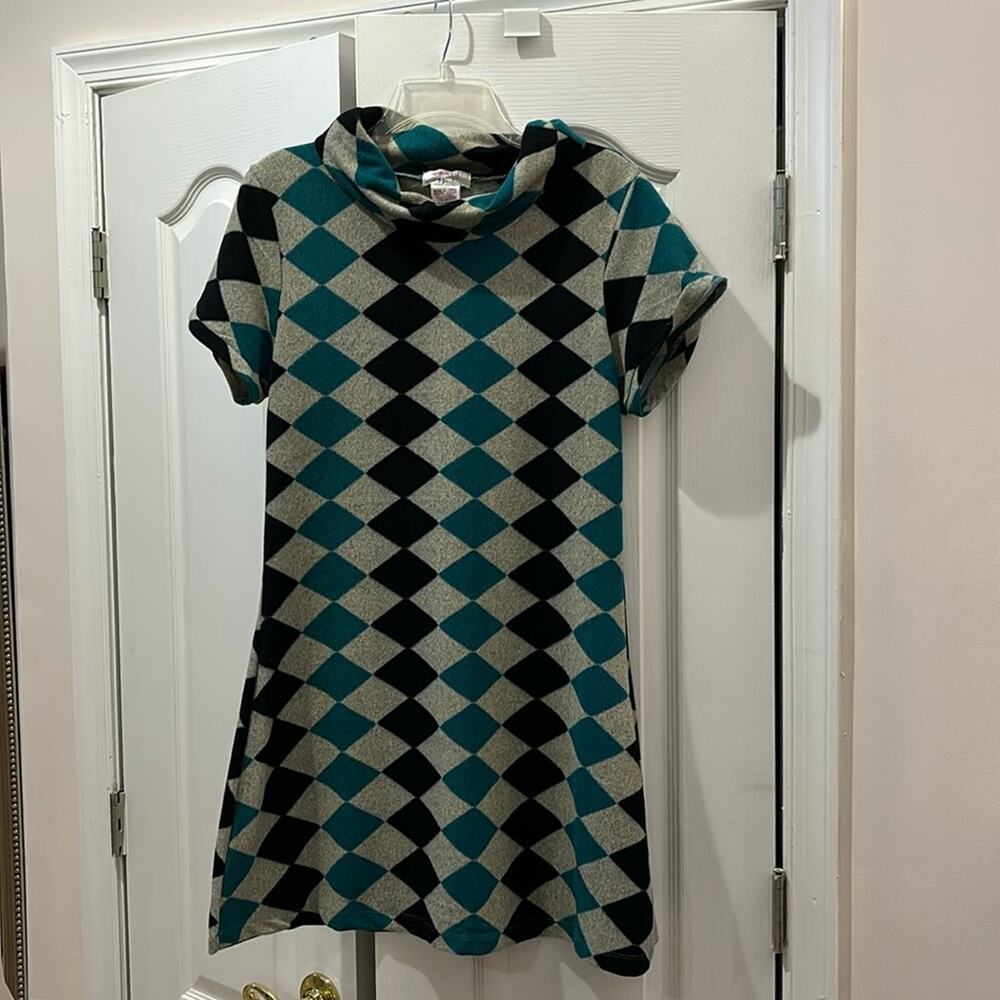 Funky People L short sleeve grey teal blackish blue harlequin diamond print epic